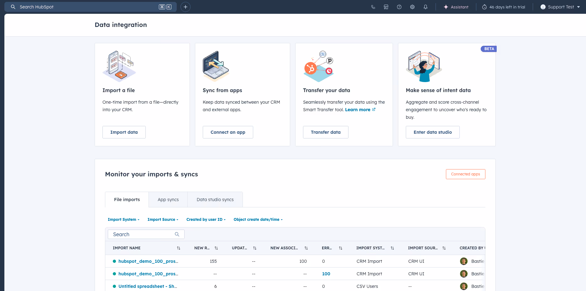 HubSpot data integration and import page