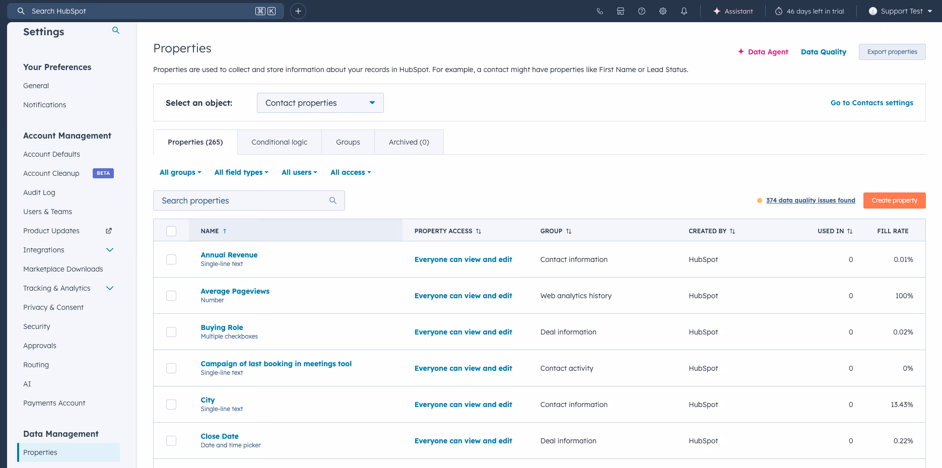 HubSpot contact properties settings