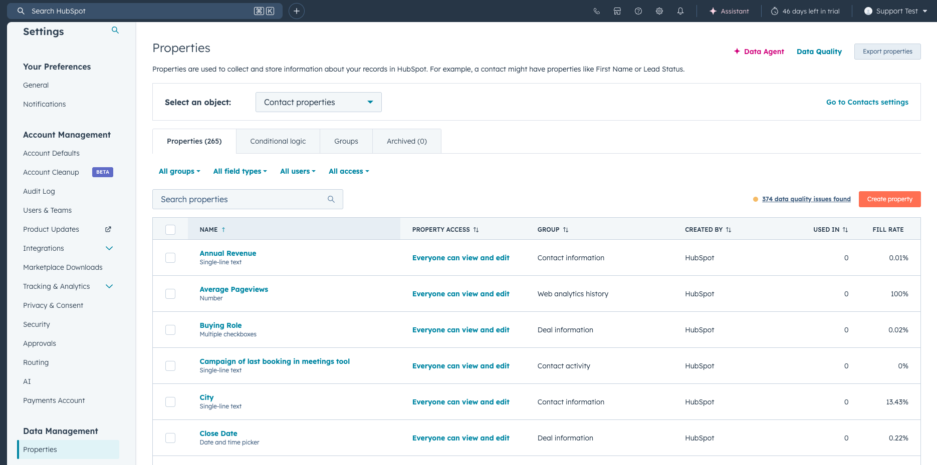 HubSpot contact properties settings