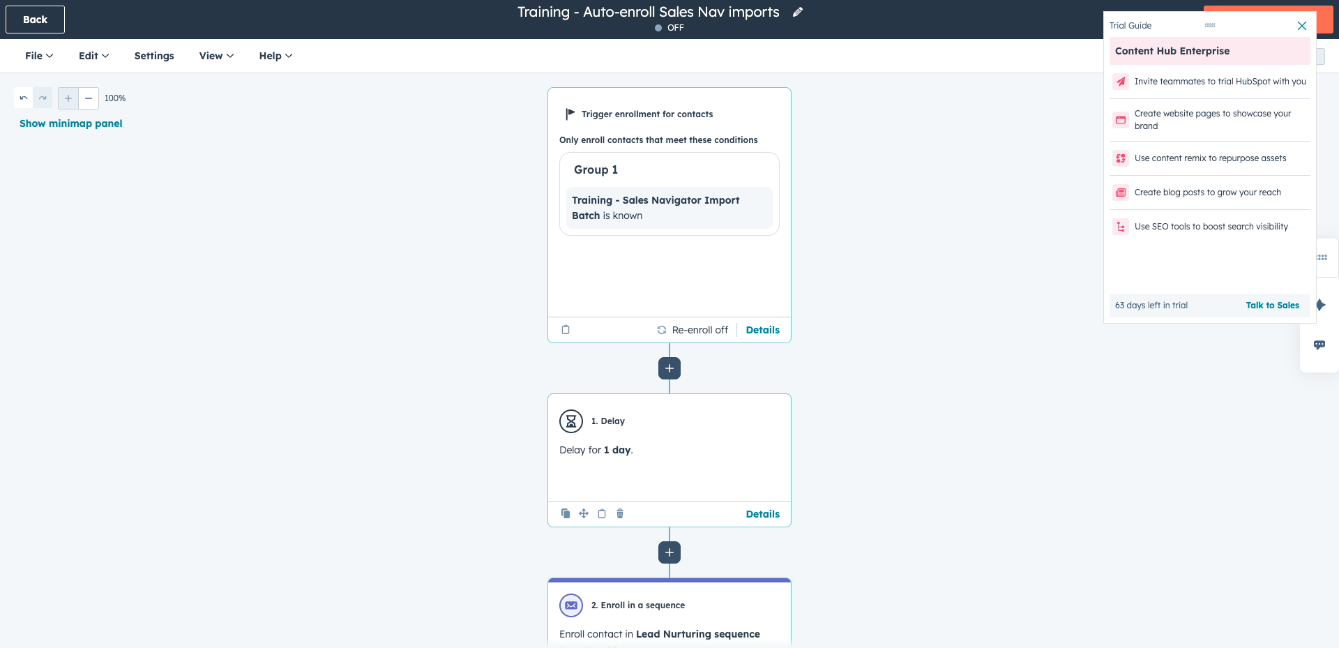 HubSpot workflow to auto-enroll Sales Navigator imports into a sequence