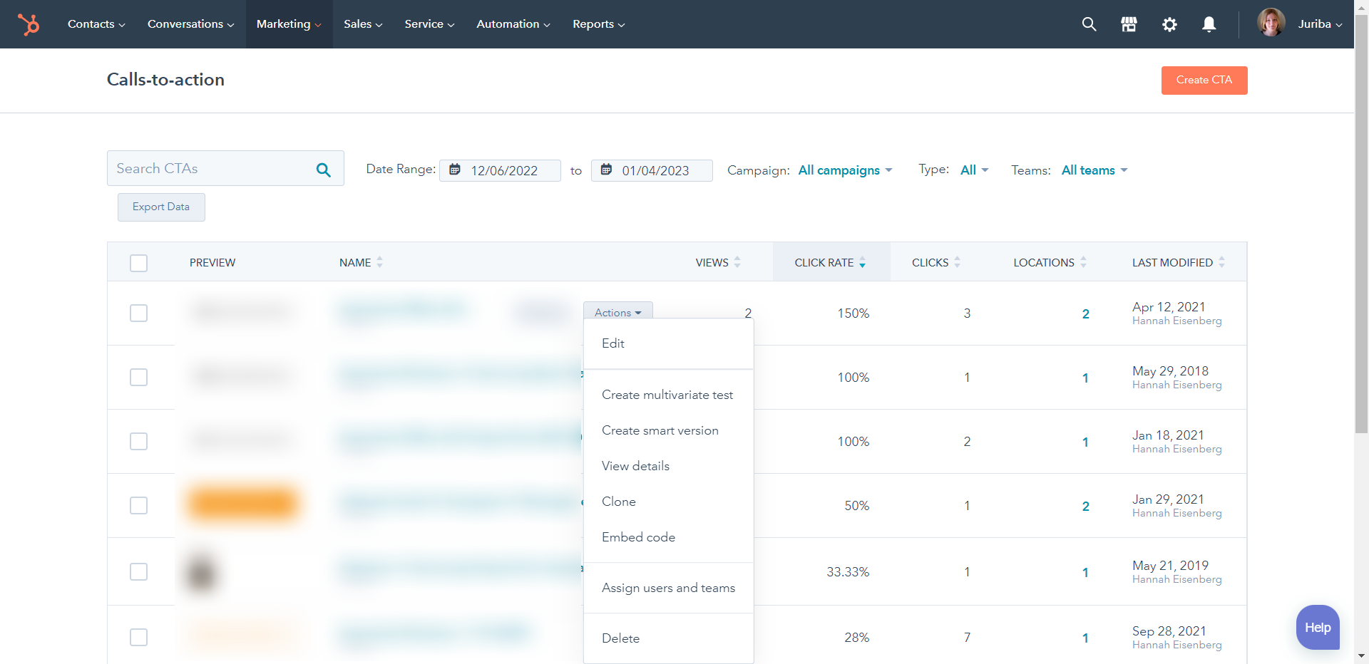 Marketing de contenido inteligente | menú desplegable, haz clic en 'crear y añadir versión inteligente' para crear un Smart CTA