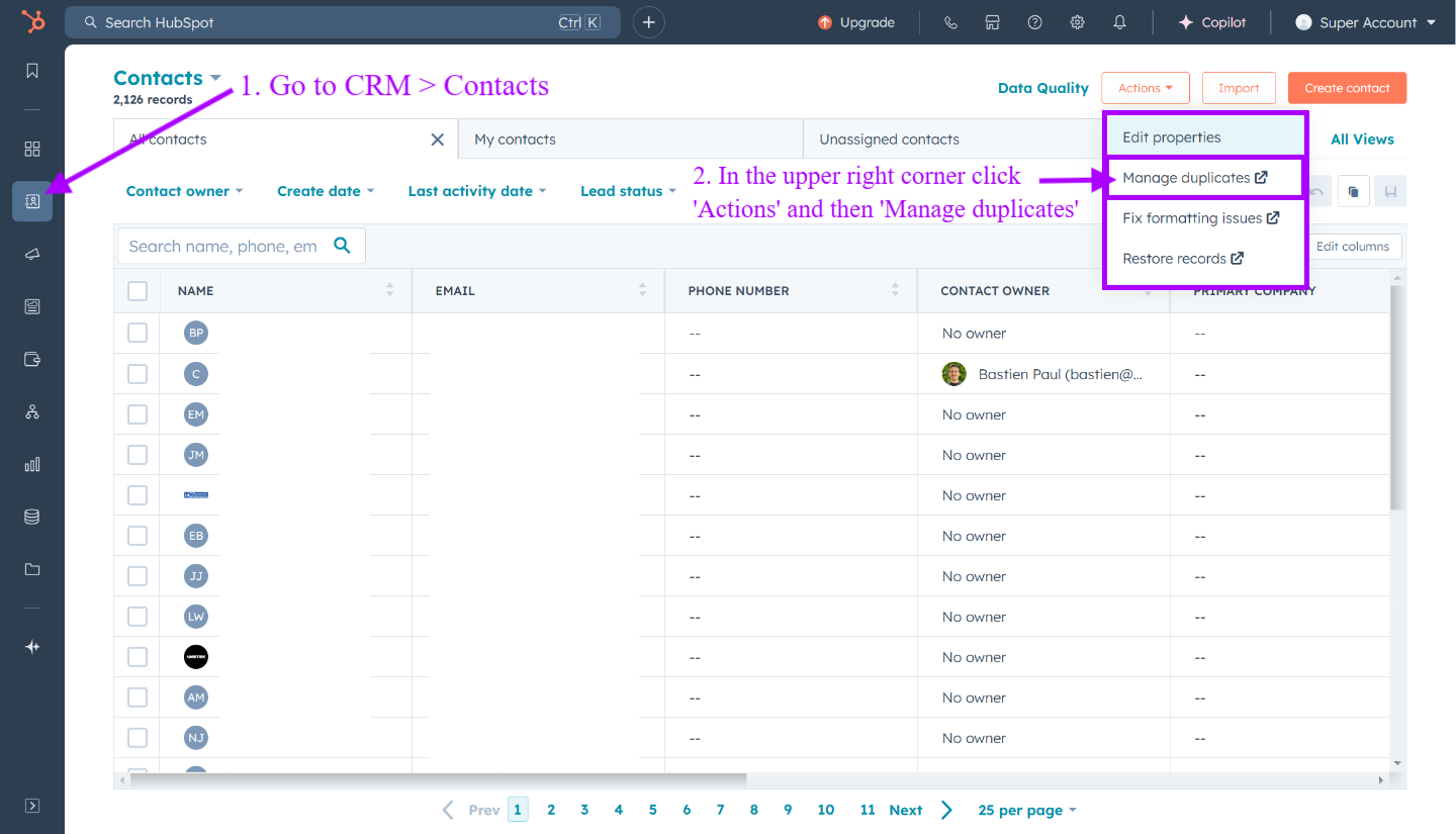 HubSpot Manage-Duplicates-Tool zeigt Duplikat-Kontaktpaare