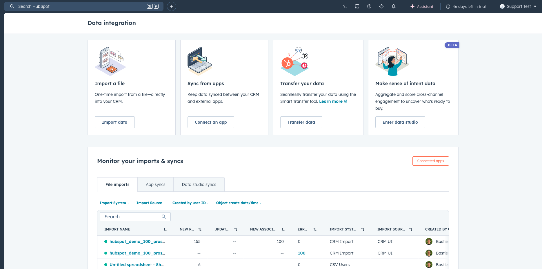 HubSpot data integration and import page