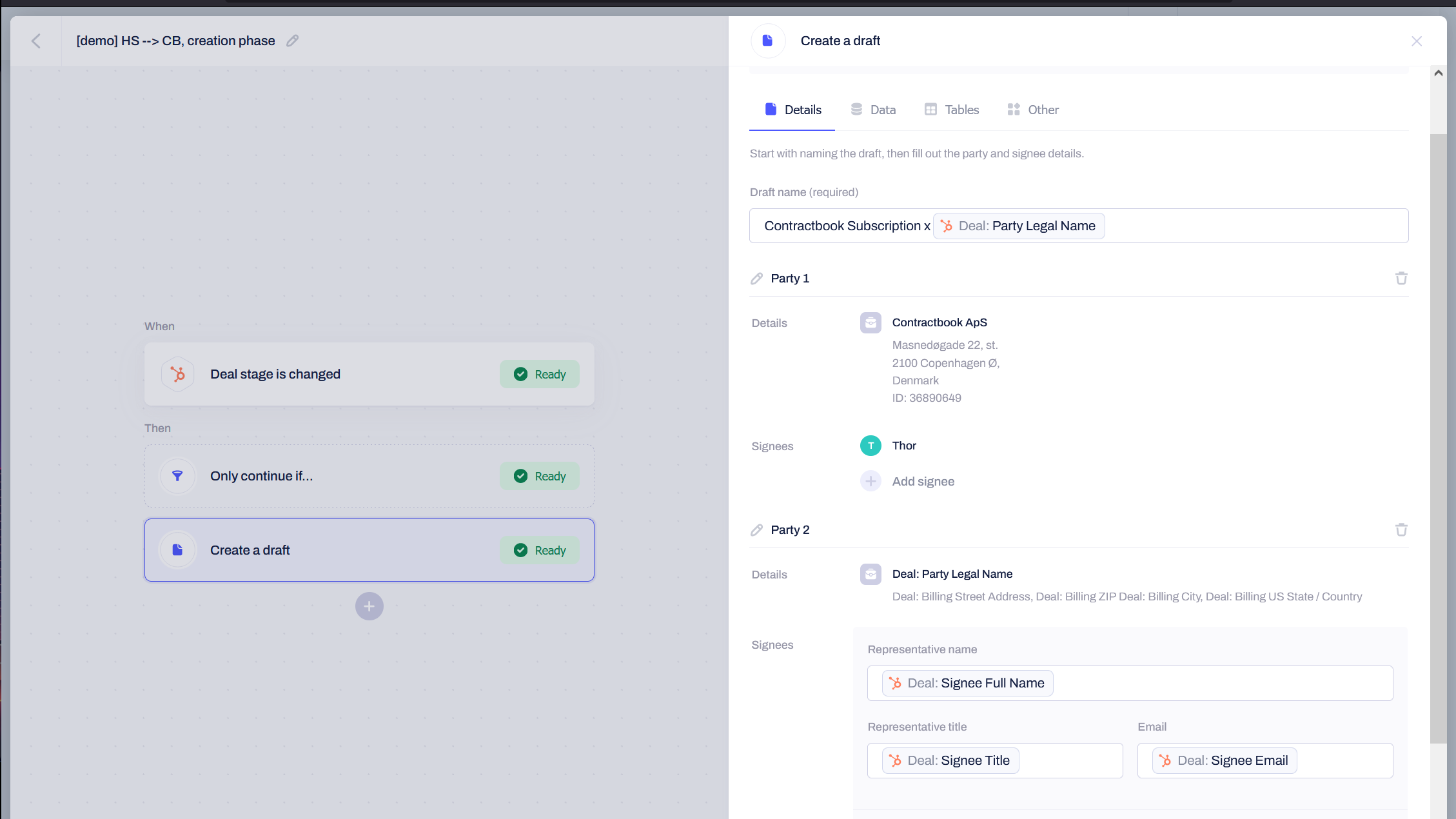 Contractbook te permite mapear datos de deals y campos asociados directamente en tus contratos.