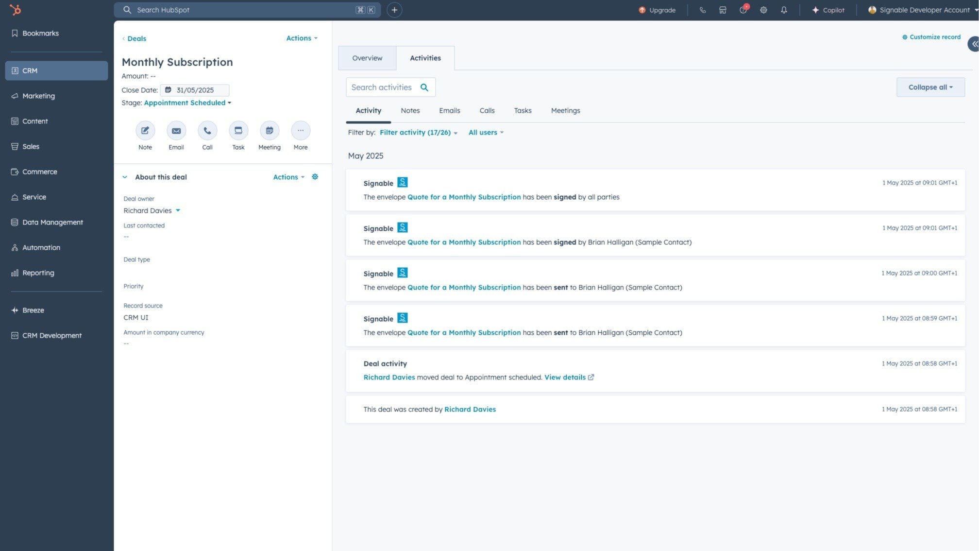 Signable muestra los eventos clave para cada registro de Contacto, Deal o Empresa.