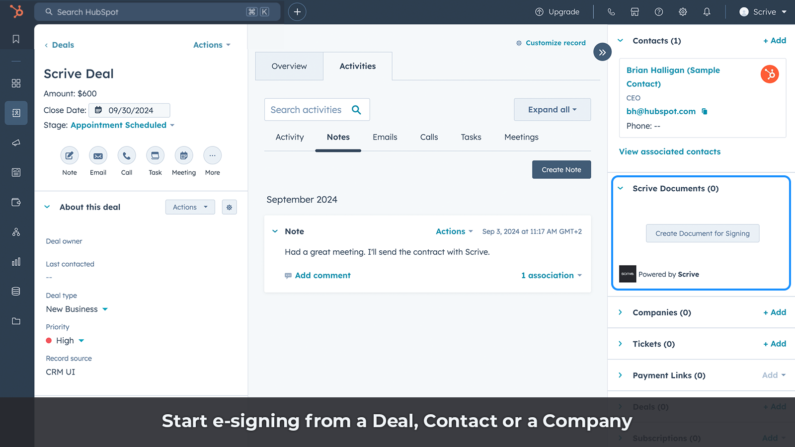 Firma con Scrive desde un Deal, Empresa o Contacto.
