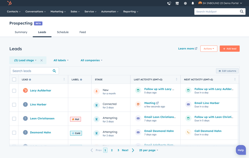 Screenshot showing HubSpot Leads interface