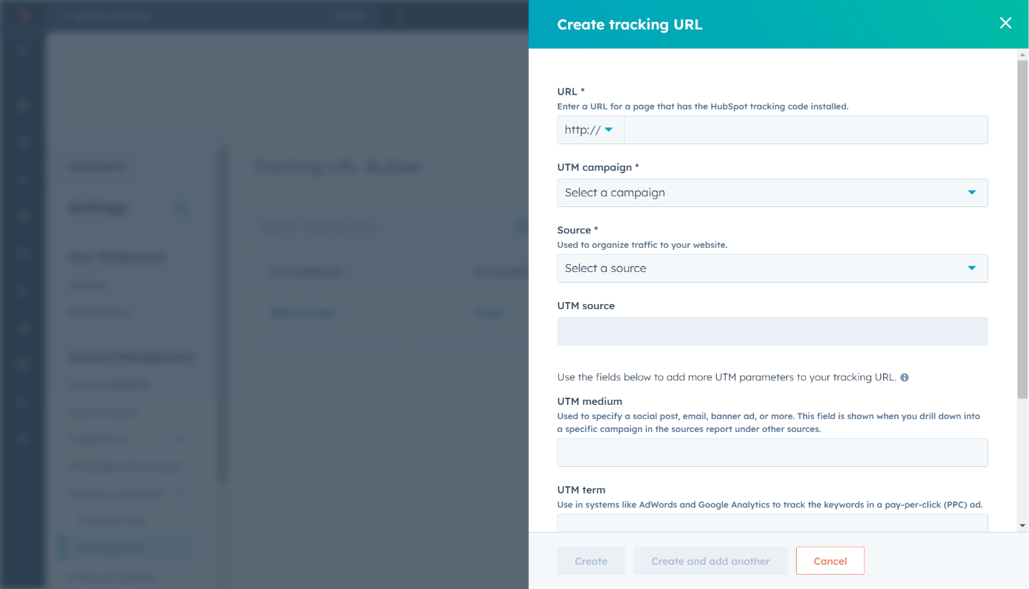 HubSpot Formular zur Erstellung einer Tracking-URL - URL-Parameter