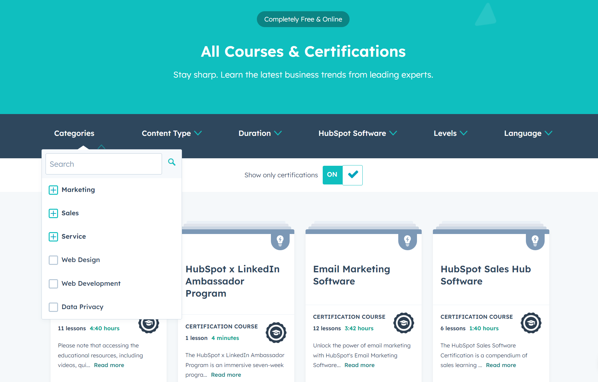 HubSpot Academy - Todos los cursos y certificaciones disponibles - Captura de pantalla