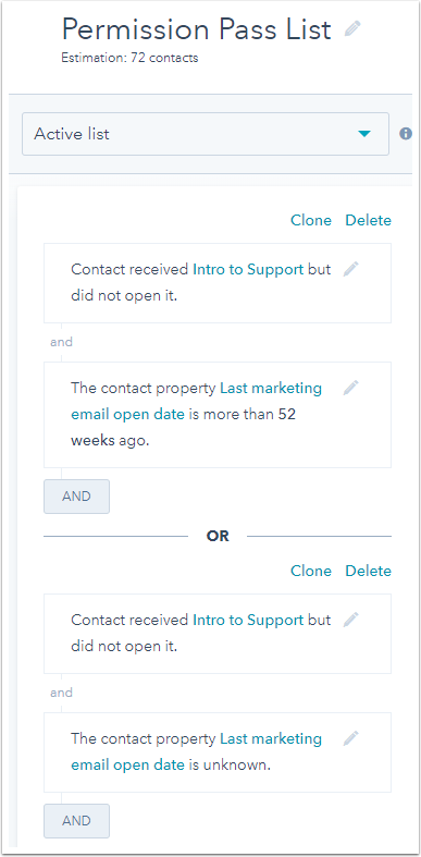 Screenshot of HubSpot re-engagement campaign permission pass set up.