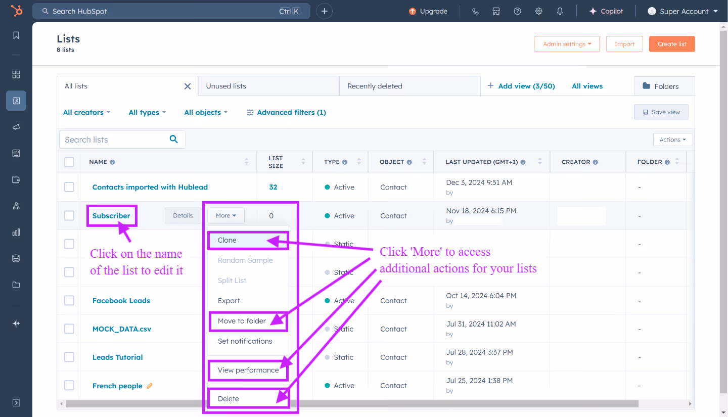 Additional Actions in the dropdown menu for lists in HubSpot