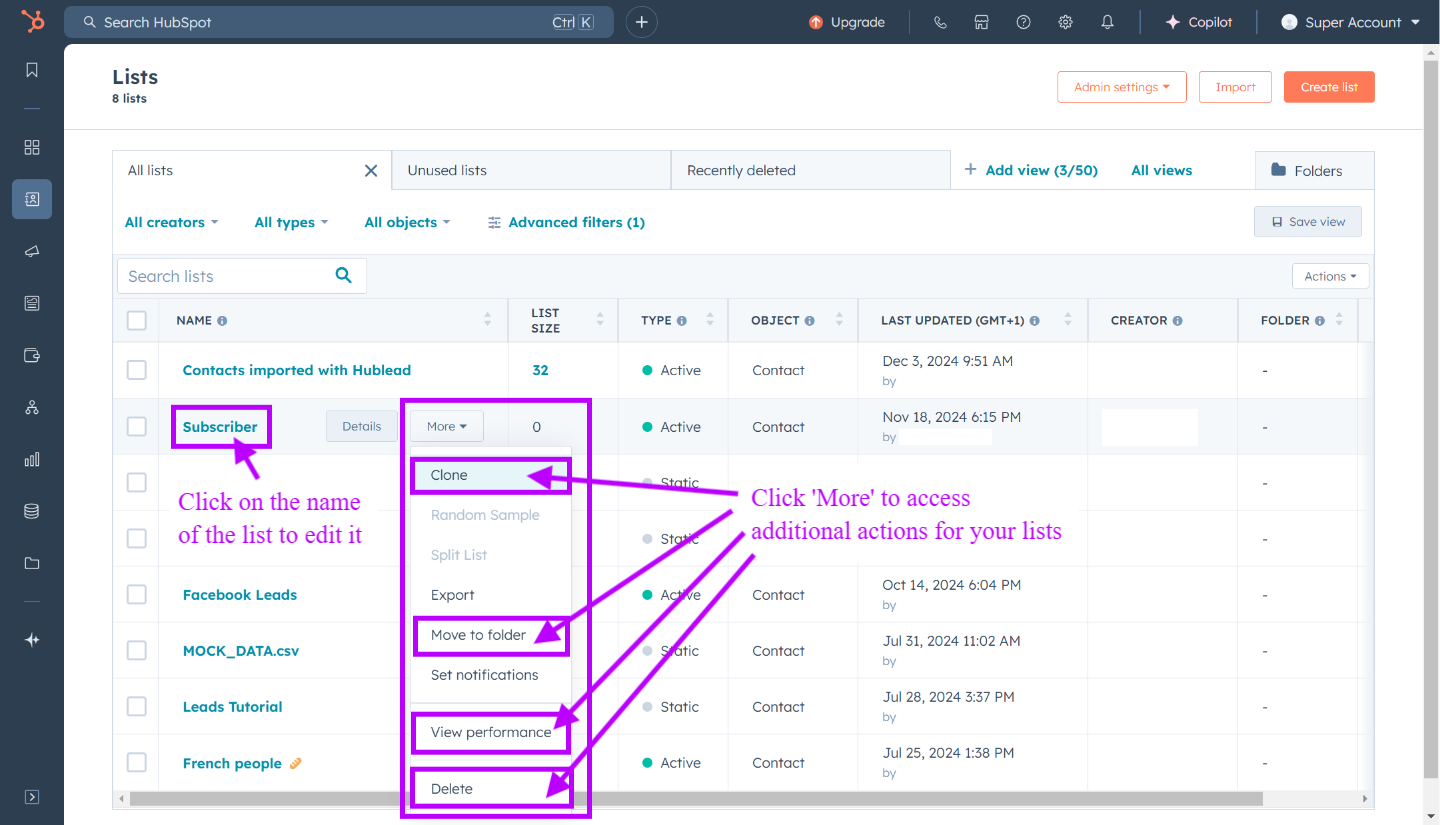 Additional Actions in the dropdown menu for lists in HubSpot