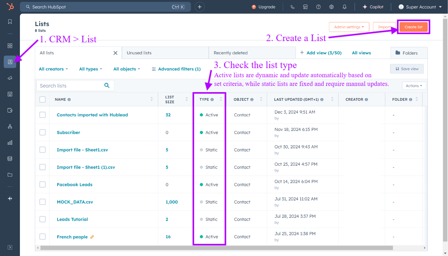 How to access existing lists in HubSpot