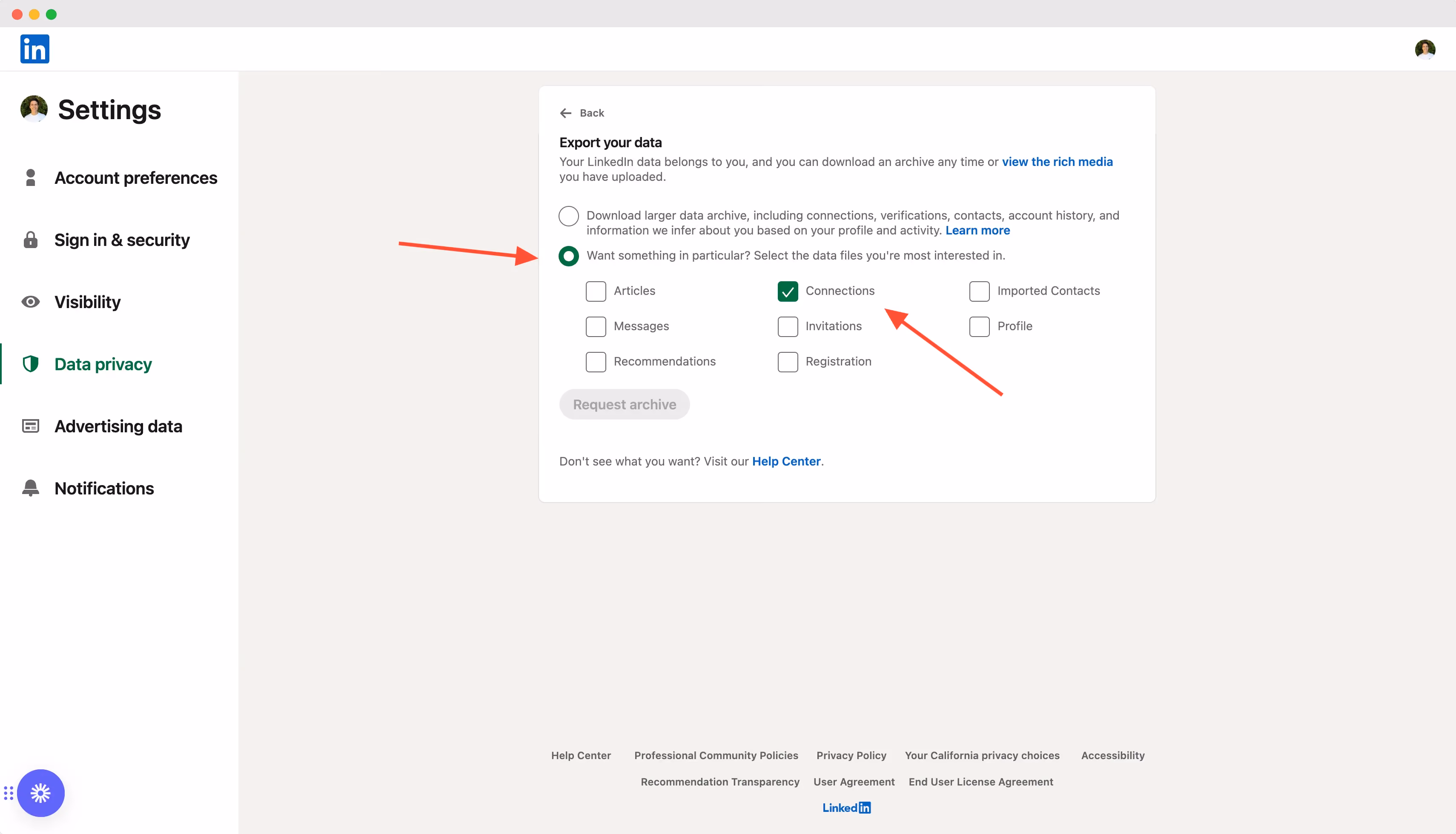 linkedin select export connections