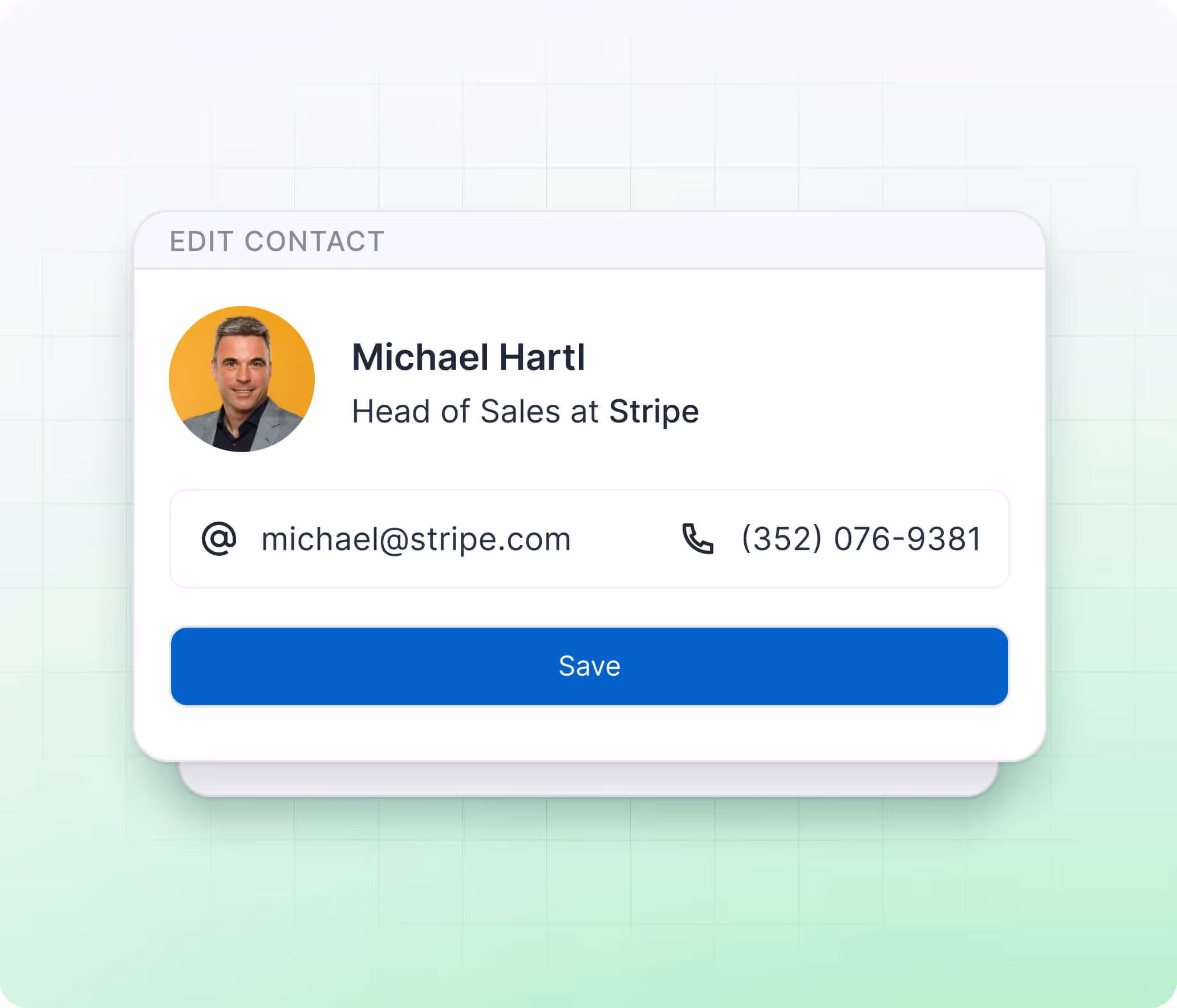 Illustration showing a HubLead contact editing window with user details such as name, email, and phone number.