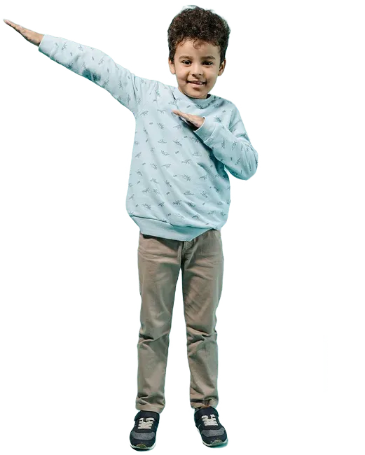Smiling boy posing confidently in a playful graphic for Children’s Land.