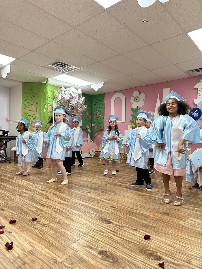 Group of preschool children dancing on stage during Children’s Land creative arts program.