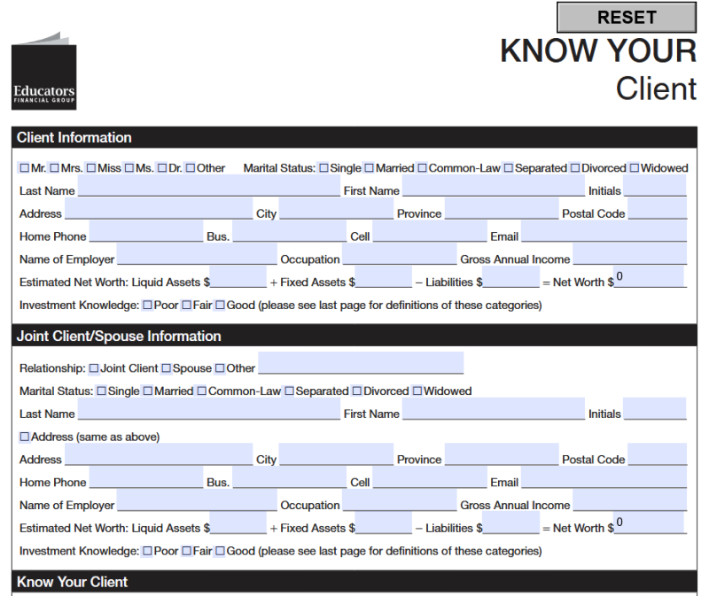 Excerpt from Educators Financial Group’s KYC sample form