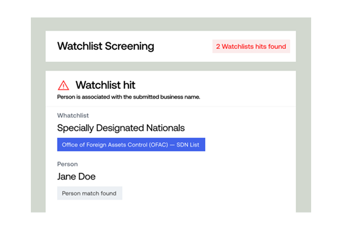 PEP Watchlist hit displaying in Middesk tool