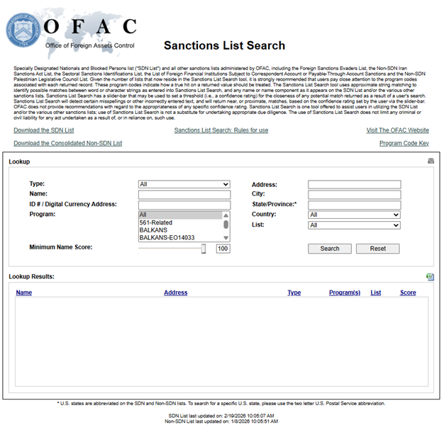 SDN List website with no search parameters filled in