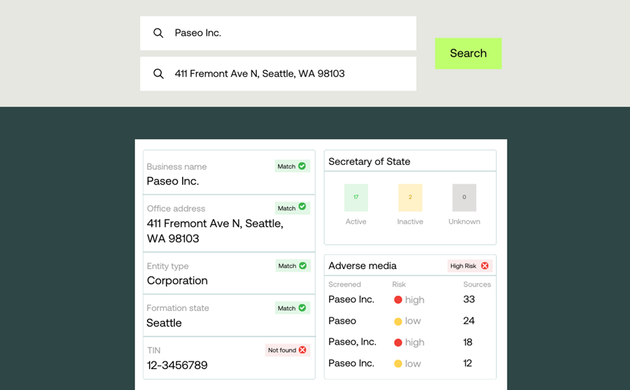 SOS database search in Middesk dashboard