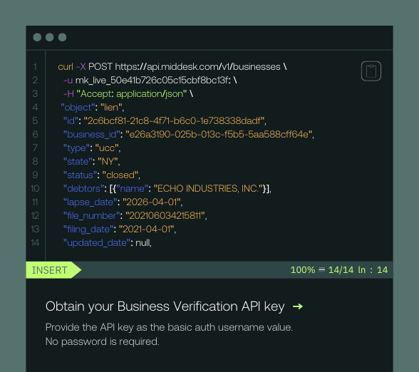 Example of UCC lien API results in Middesk