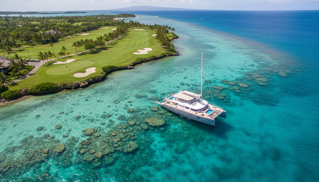 A luxury catamaran anchored offshore near a lush golf course with palm trees and clear turquoise waters showing coral reefs.