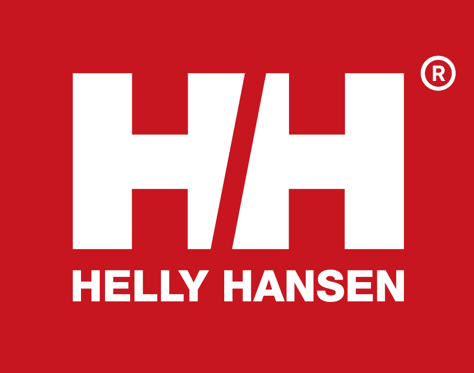 Helly Hansen logo with white HH letters and text on red background.