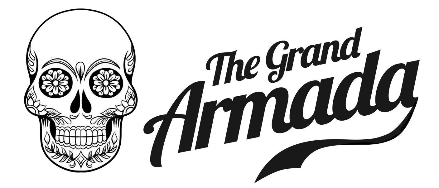 Black and white decorative sugar skull with floral patterns next to stylized text reading The Grand Armada.