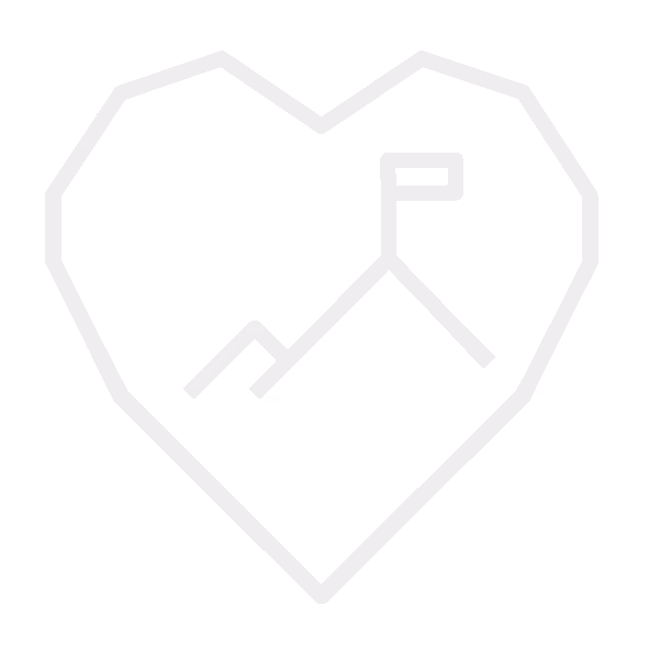 A black and white graphic of a heart with a mountain and a flag on top representing achieving goals.