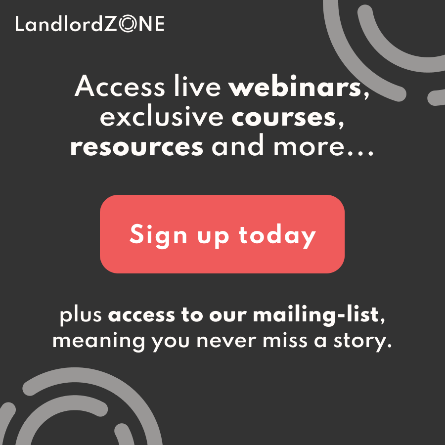 LandlordZONE ad offering access to live webinars, exclusive courses, resources, and mailing list with a red sign up today button.