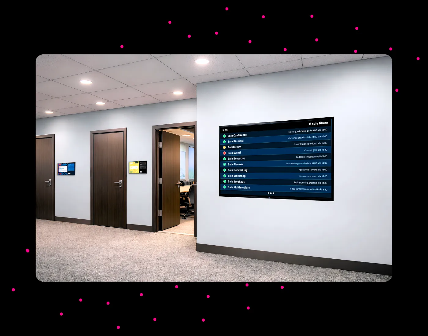 Display sala riunioni fuoriporta con schermo di prenotazione e monitor riepilogativo multi-sala in ufficio