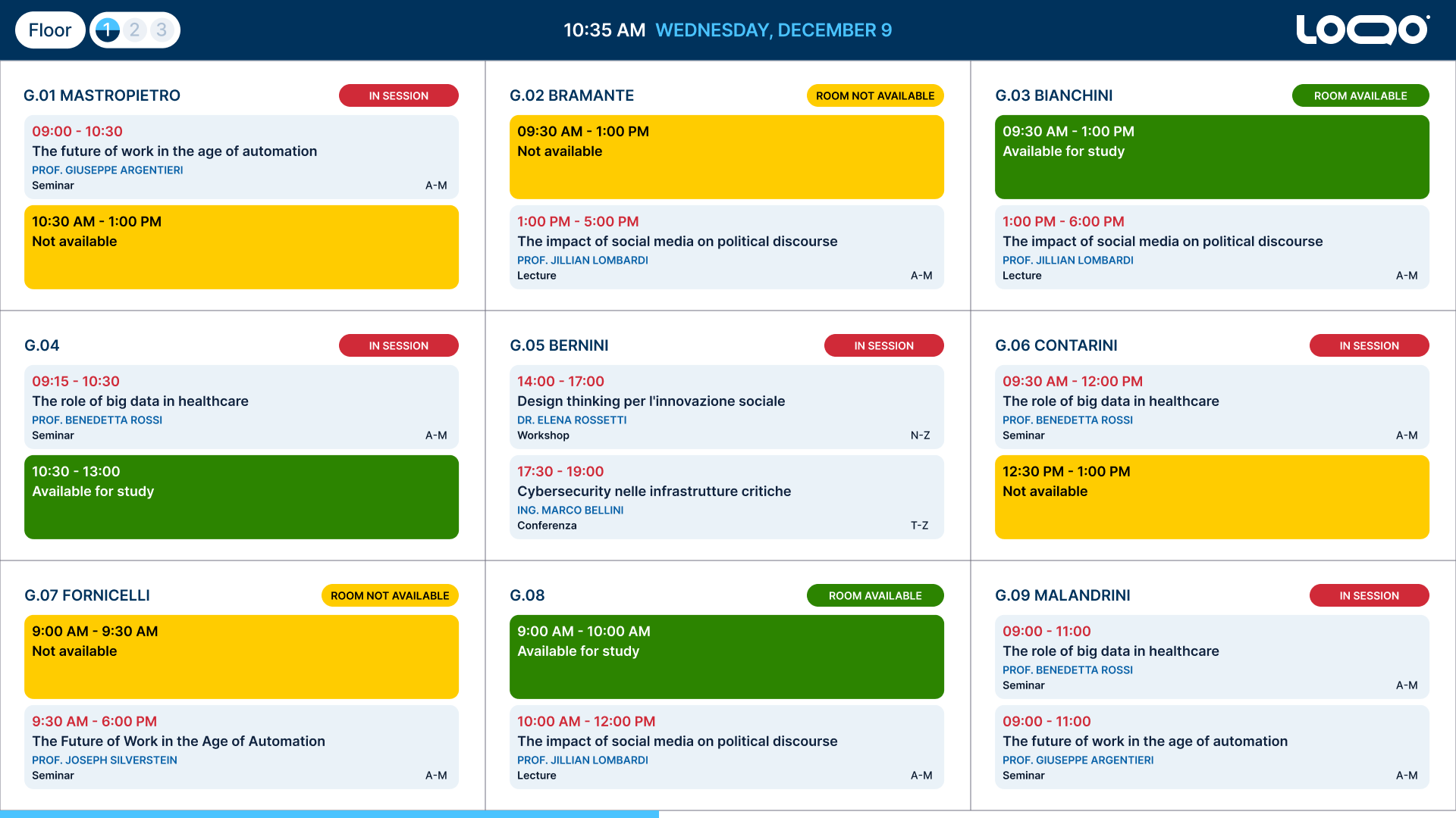 Template gestione sale riunioni con calendario settimanale e stato occupazione per piano