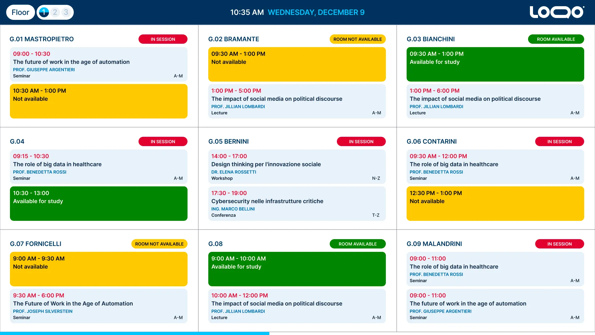 Template gestione sale riunioni con calendario settimanale e stato occupazione per piano