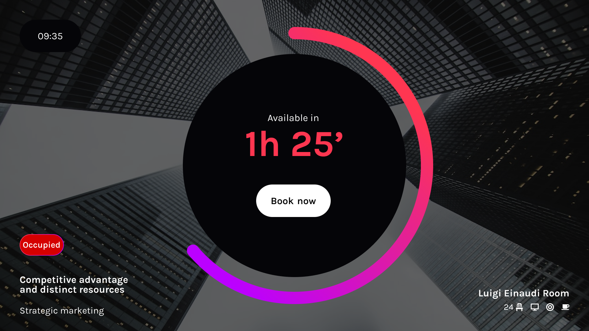 Template display fuoriporta sala riunioni con timer disponibilità e pulsante di prenotazione