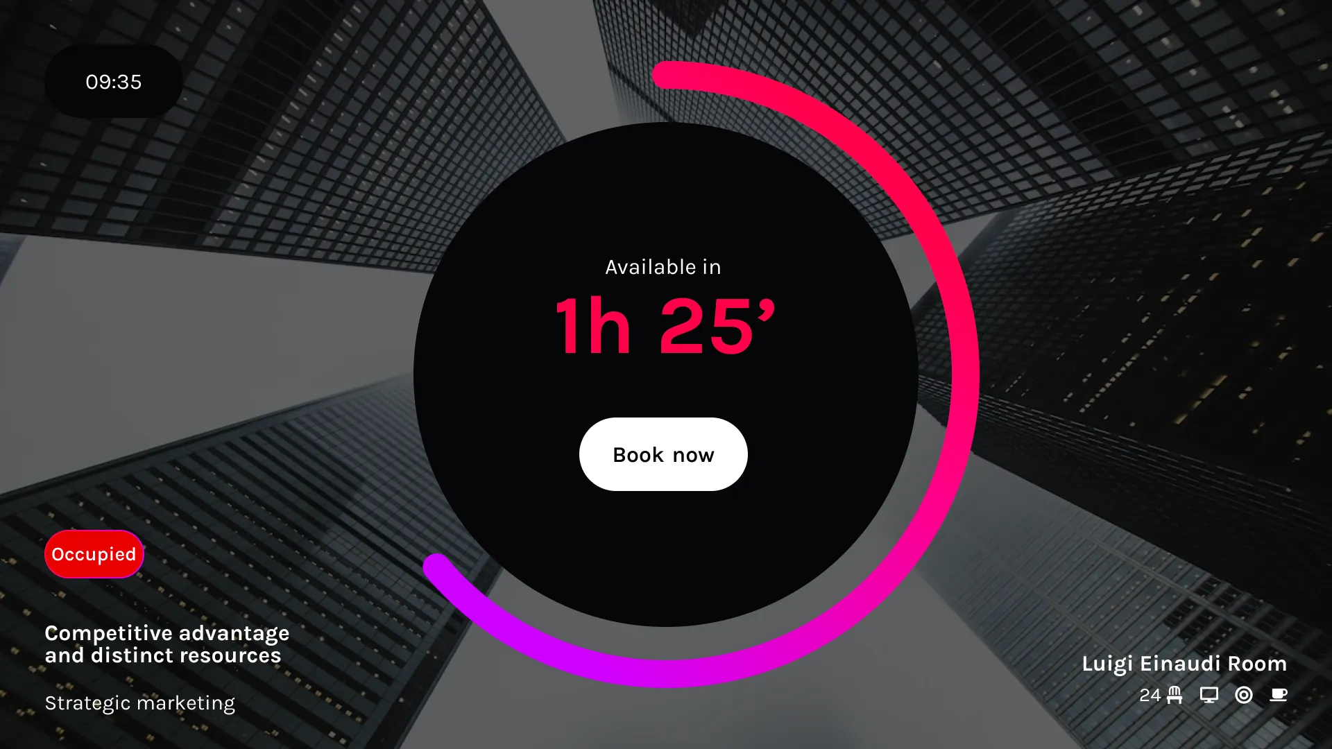 Template display fuoriporta sala riunioni con timer disponibilità e pulsante di prenotazione