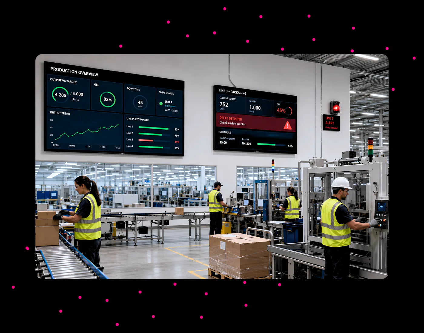Monitor industriali per il monitoraggio della produzione in tempo reale con dashboard OEE e KPI in una fabbrica.