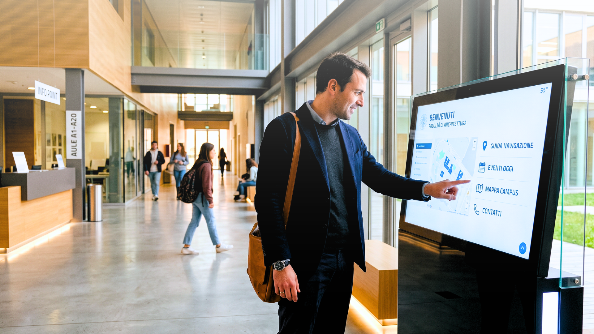 Cliente in negozio retail che confronta una borsa con il display digitale Livesignage che mostra la scheda prodotto con dettagli e caratteristiche