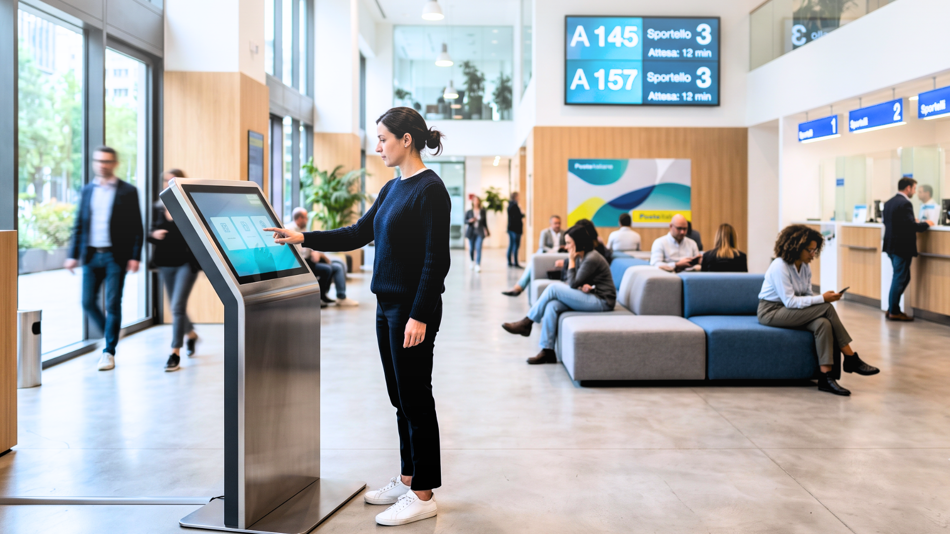 Cliente in negozio retail che confronta una borsa con il display digitale Livesignage che mostra la scheda prodotto con dettagli e caratteristiche