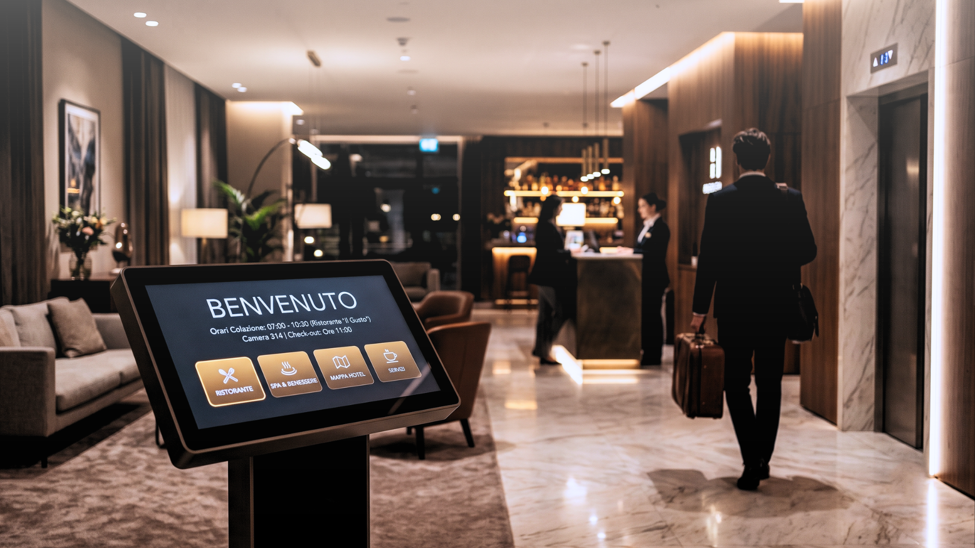 Cliente in negozio retail che confronta una borsa con il display digitale Livesignage che mostra la scheda prodotto con dettagli e caratteristiche