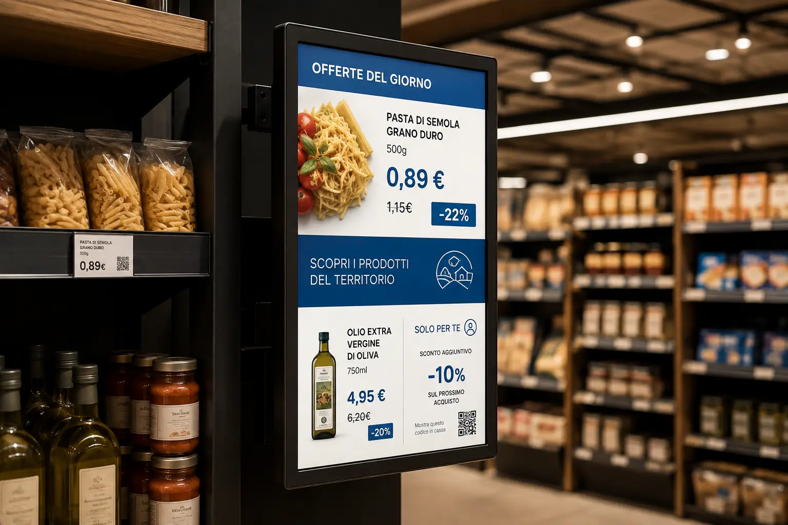 Schermo digitale in supermercato mostra prezzi e promozioni sincronizzate con il gestionale, ambiente moderno punto vendita