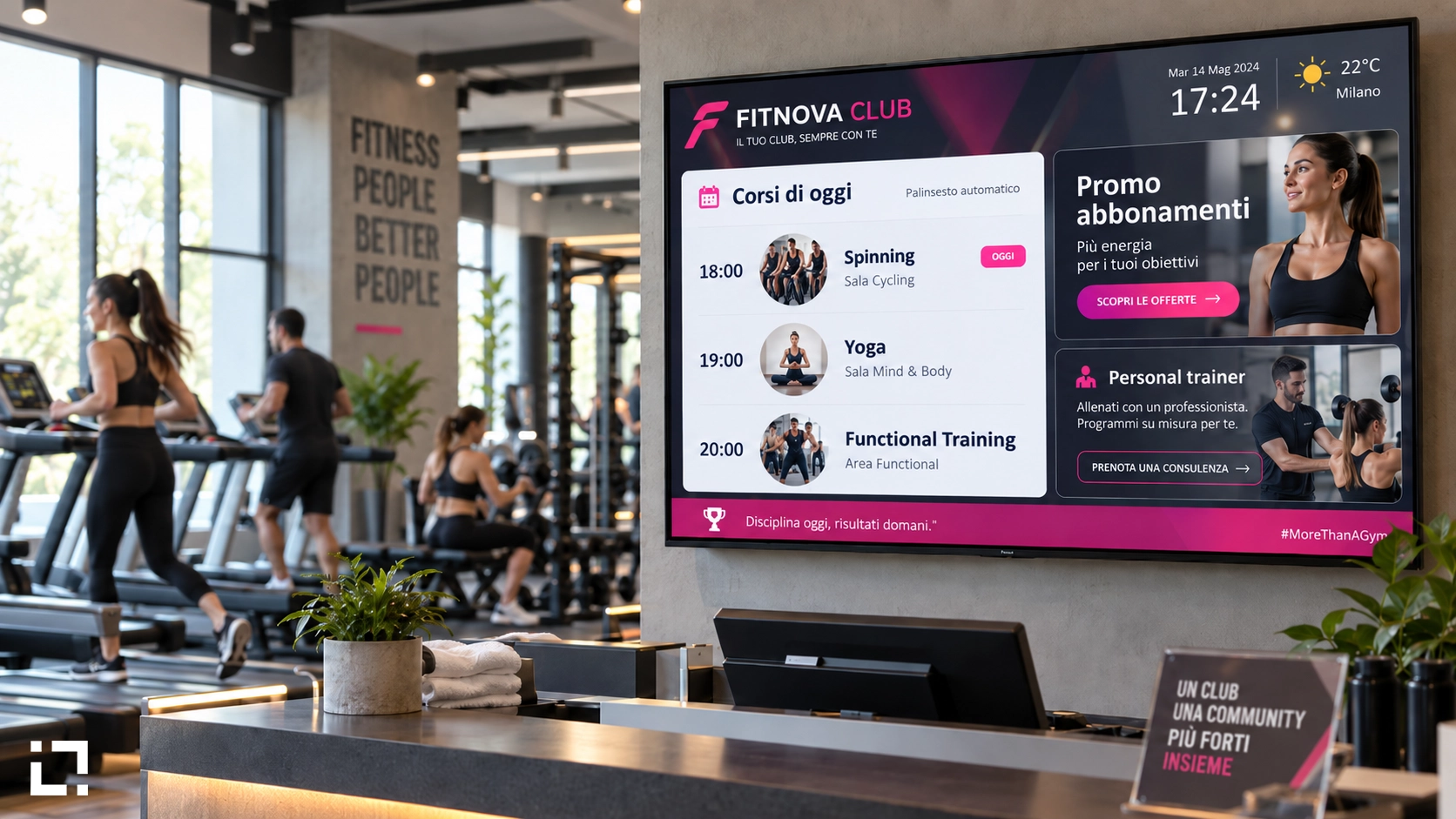 Display digital signage in una palestra moderna con palinsesto automatico di corsi, promozioni e informazioni per gli iscritti.