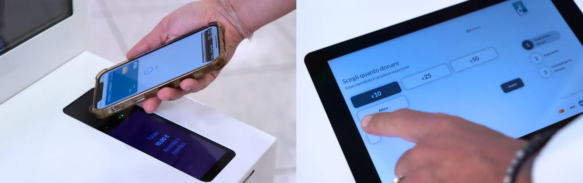 Donazione contactless al totem AIRC tramite smartphone e selezione dell’importo sul display touch