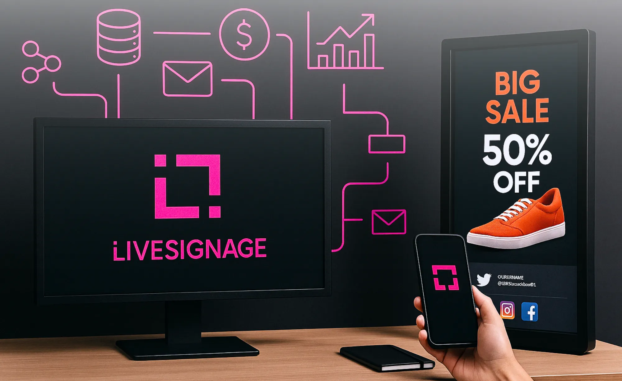Cliente in negozio retail che confronta una borsa con il display digitale Livesignage che mostra la scheda prodotto con dettagli e caratteristiche