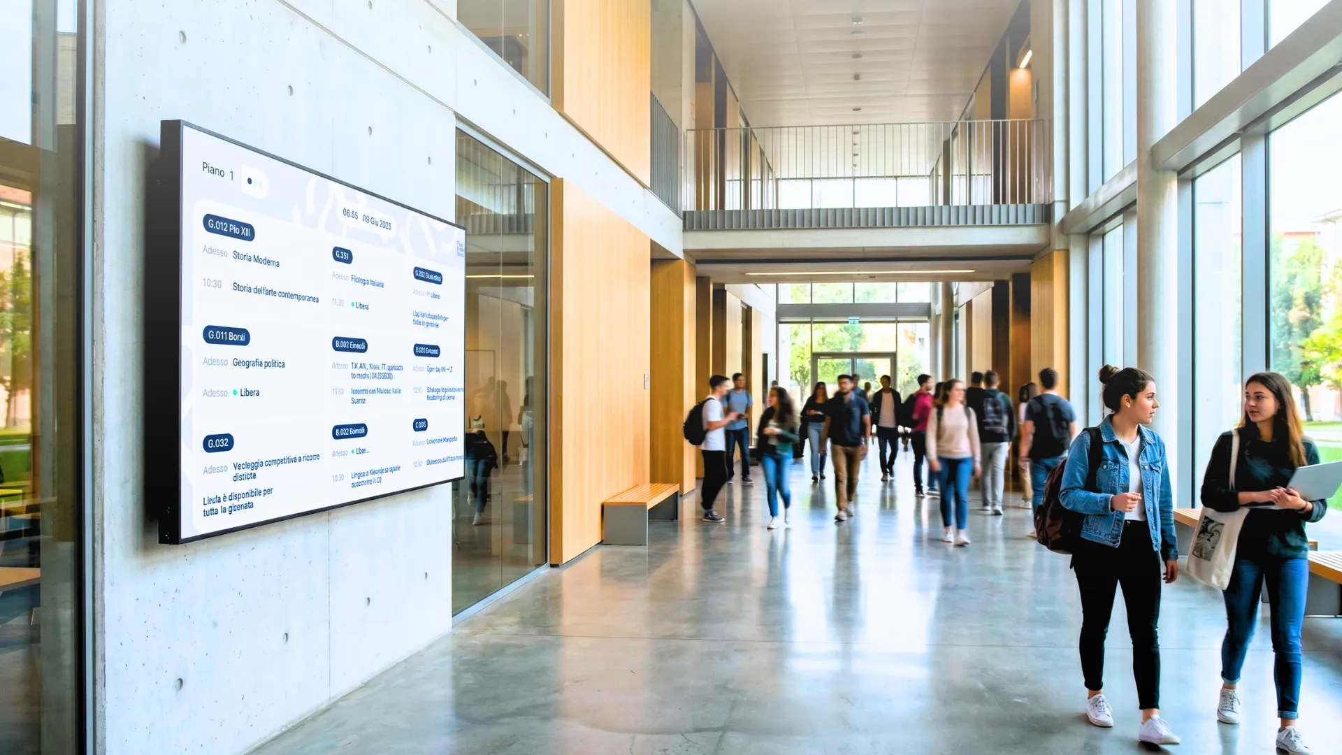 Studenti nel corridoio di un campus universitario accanto a un display digitale con orari e disponibilità delle aule
