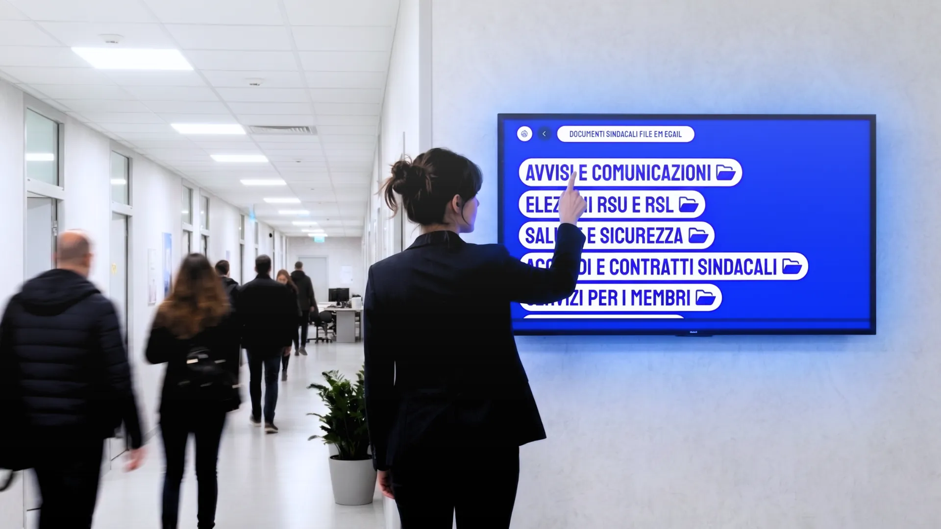 Cliente in negozio retail che confronta una borsa con il display digitale Livesignage che mostra la scheda prodotto con dettagli e caratteristiche