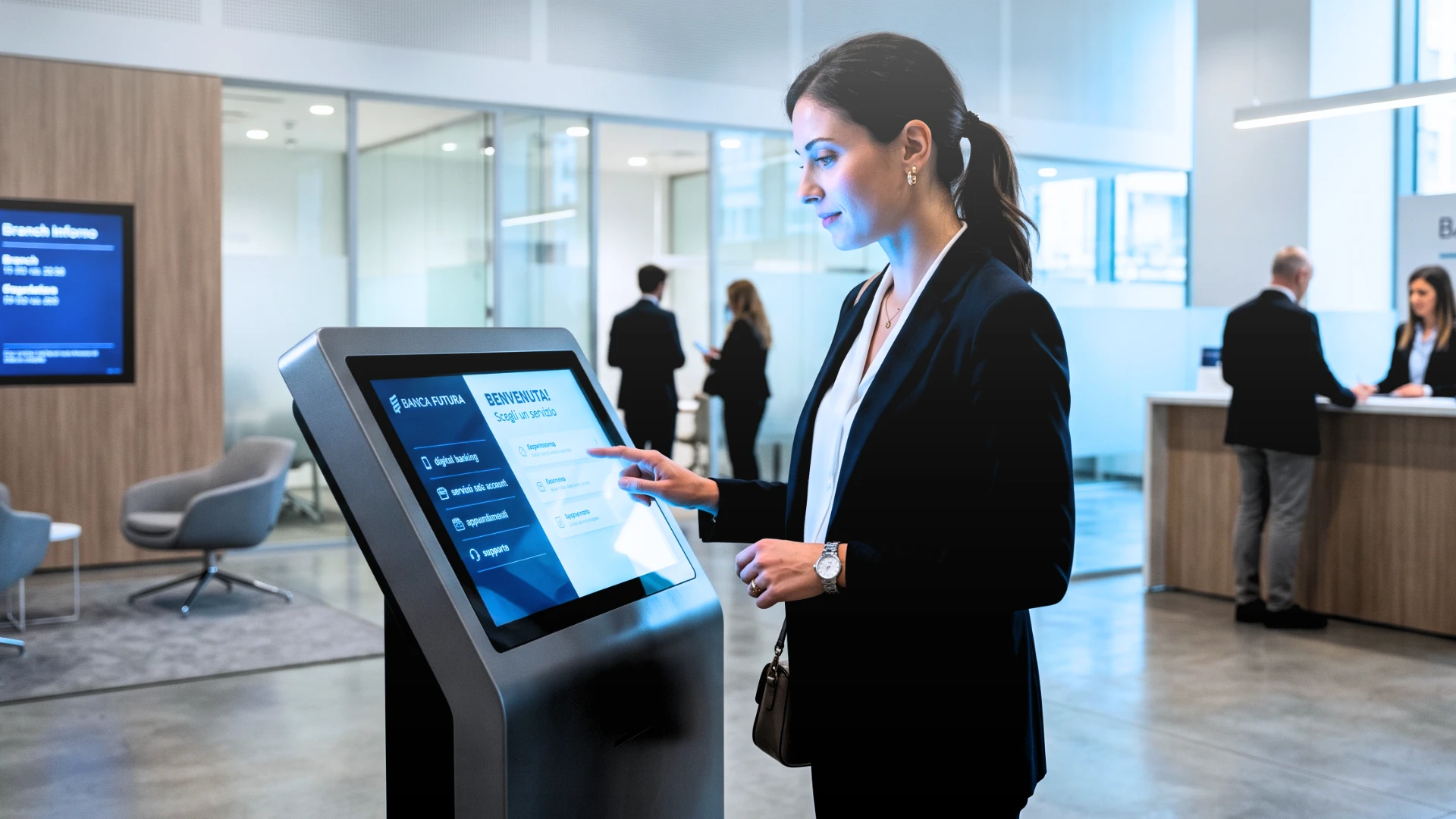 Cliente in negozio retail che confronta una borsa con il display digitale Livesignage che mostra la scheda prodotto con dettagli e caratteristiche