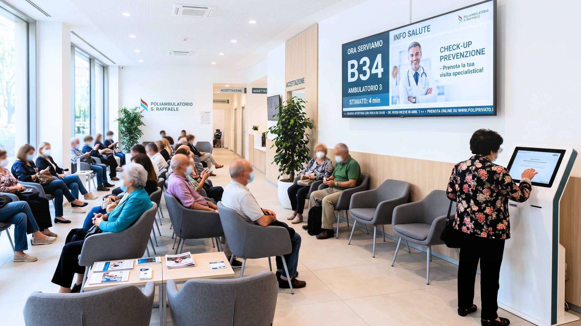 Cliente in negozio retail che confronta una borsa con il display digitale Livesignage che mostra la scheda prodotto con dettagli e caratteristiche