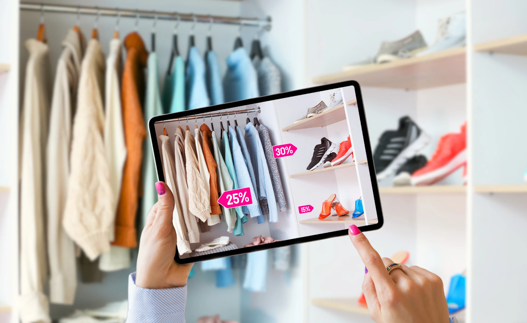 Cliente in negozio retail che confronta una borsa con il display digitale Livesignage che mostra la scheda prodotto con dettagli e caratteristiche