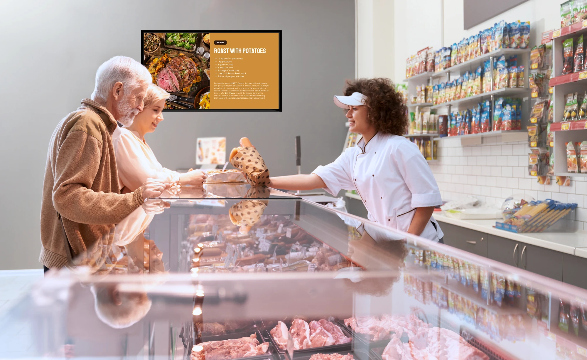 Clienti al banco di un supermercato con display digitale che mostra una ricetta